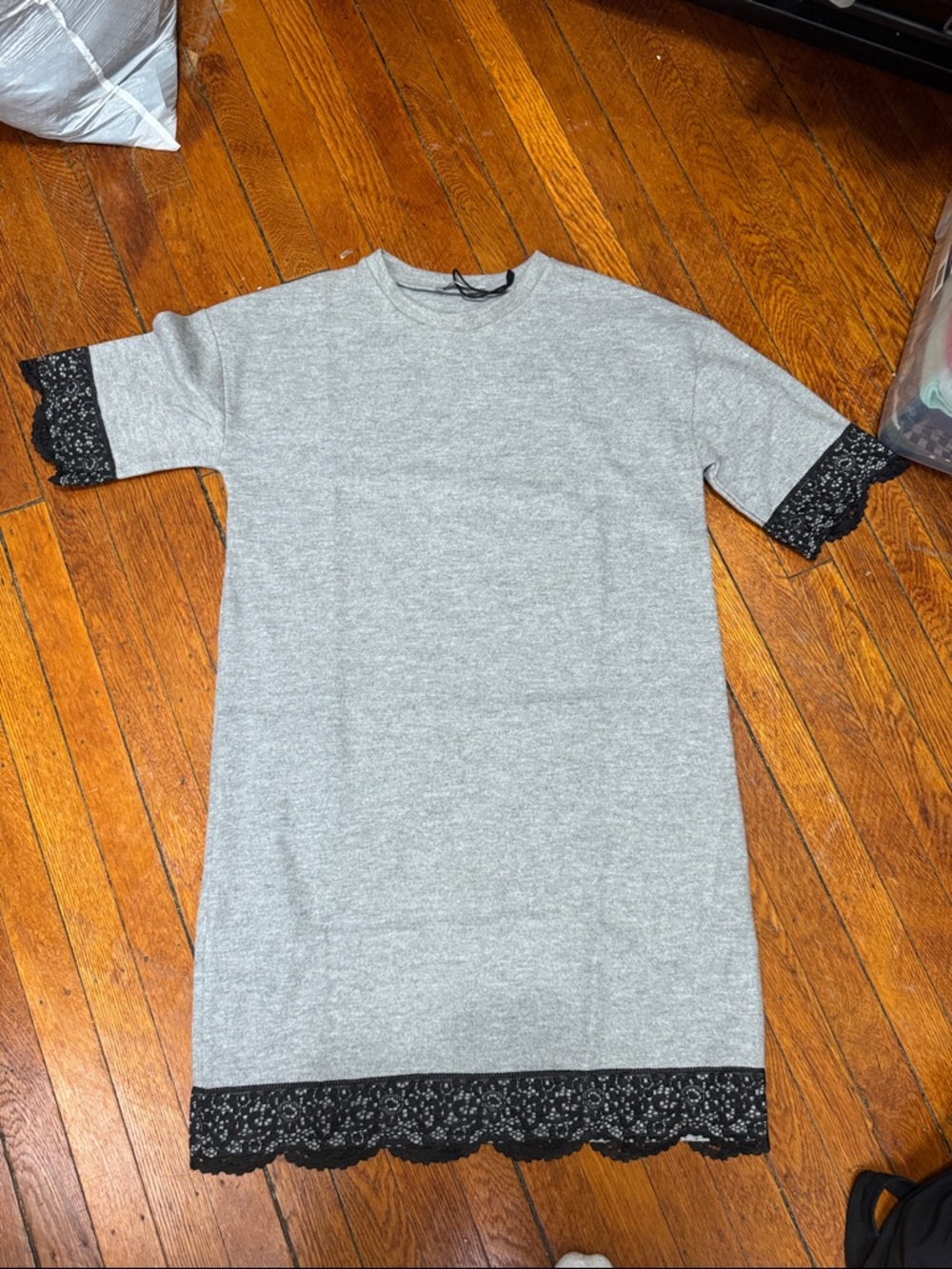 Zara Gray Short-Sleeve Dress with Black Lace Trim